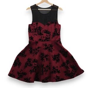 Trixxi Womens XL Burgundy Fit and Flare Dress Skater Coquette Floral Velvet NWT